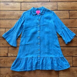 Lilly Pulitzer Linley Button-Front Blue Minidress Coverup Bell Sleeves XS Linen